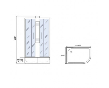 Душевая кабина Мономах 110/80/44 Б/К МЗ L 110х80х206, без крыши, асимметричная
